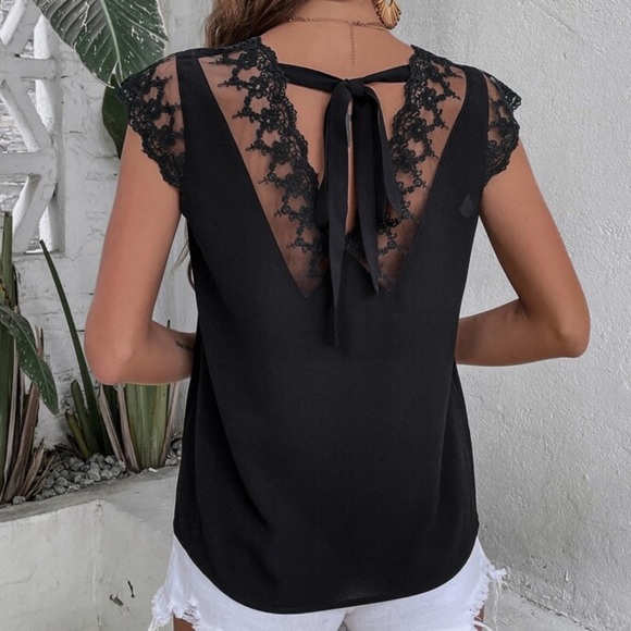 Boho Lace Mesh Sheer Tie Back Cap Sleeve Top Blouse Blue - Picture 5 of 14